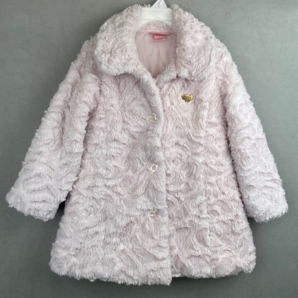 Juicy Couture Pink Faux Fur Coat Girls Sz 5 Heart Logo Button Front Coquette Y2K